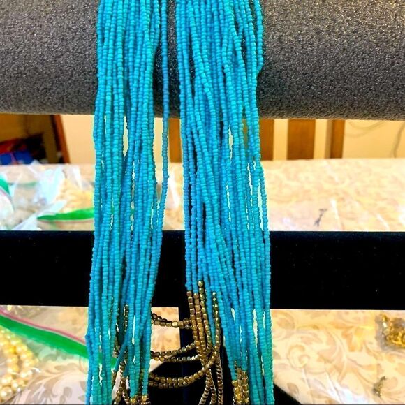 Vtg 24 Strand Seed Bead Necklace Gold Tone & Turquoise Color Southwest Vibe 36” - Picture 5 of 8